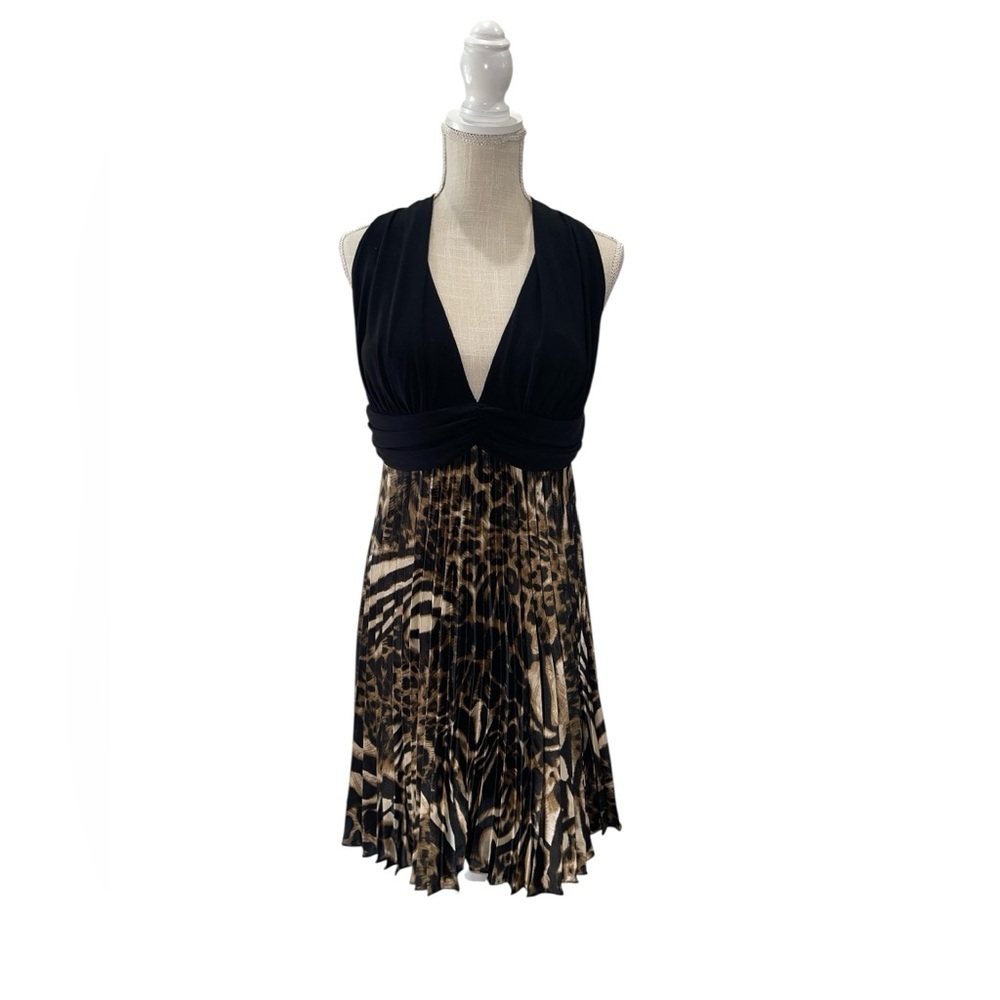 Betsy & Adam Y2K Black Halter Animal Print Pleated Midi Dress Womens size 14